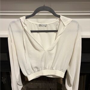 Zara Cream V-Neck Cropped Hoodie
